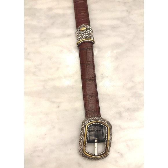 Vintage Reversible Leather Belt Western Silver Gold Hardware Brown/Dark Brown 34 main image 6